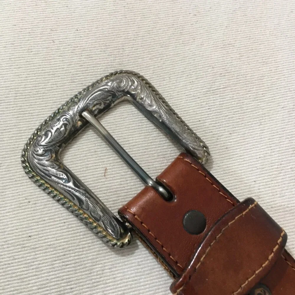 Brown Leather Western Style Belt w/Silver Details Unisex